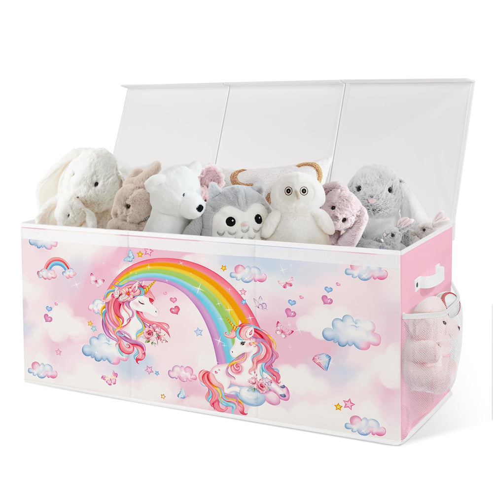 Omedecal unicorn rainbow toy box with lid in a playroom for easy toy storage.