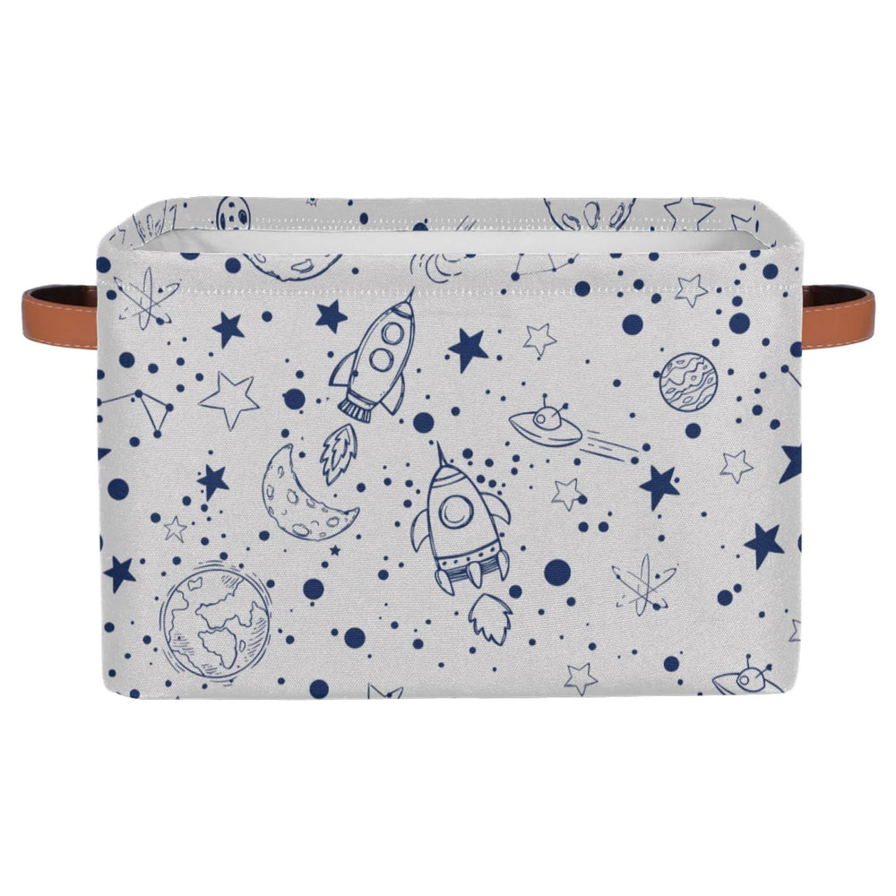OMFUNS rectangle storage basket with thick polyester material and leather handles for sturdy organization.