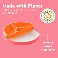 Scoop-design on Omie plates helps guide food onto utensils with less mess.