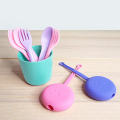 Lilac Purple OmieBox utensils showing nesting design for travel.