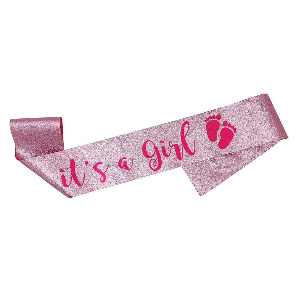 OMISS pink glitter sash for It's a Girl baby shower with bump-friendly fit.