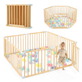 OMYbaby wooden playpen with 8-panel setup for flexible room layouts
