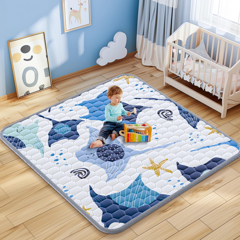 Omzer baby play mat with ocean design provides a cozy 50x50-inch surface for crawling.
