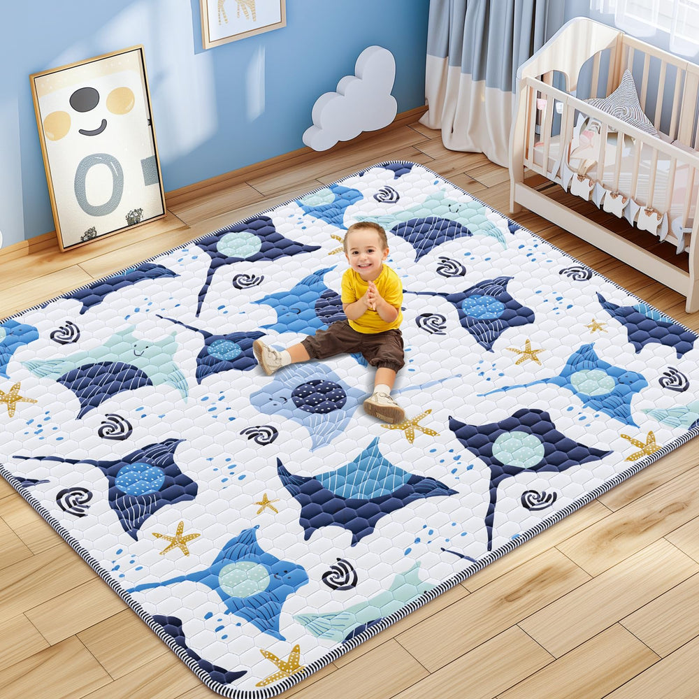 Omzer Baby Play Mat with ocean design supports curious babies during play.
