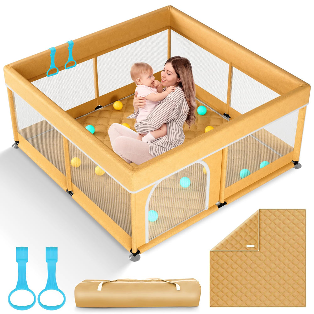 Omzer baby playpen side view shows sturdy construction and ample 50x50 space for safe play.