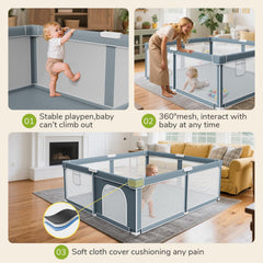 Omzer foldable playpen safety features with anti-topple design and soft edges.