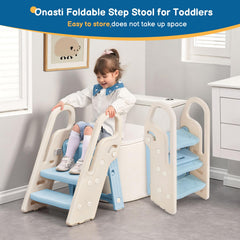 Onasti foldable step stool folded compactly for storage.