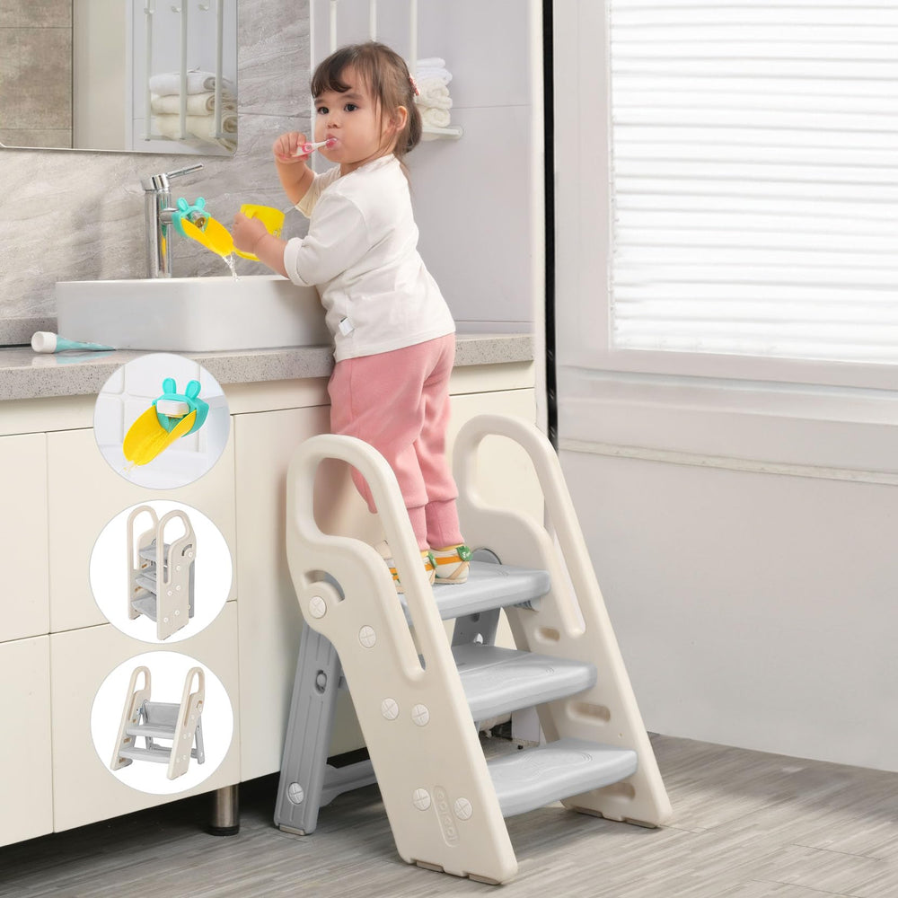 Onasti foldable step stool grey front view shows space-saving design ideal for compact bathrooms.