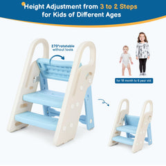 Onasti foldable step stool with handrails enhances child stability during use.