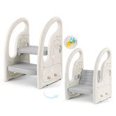 Onasti toddler step stool in grey and white provides safe bathroom reach for little ones