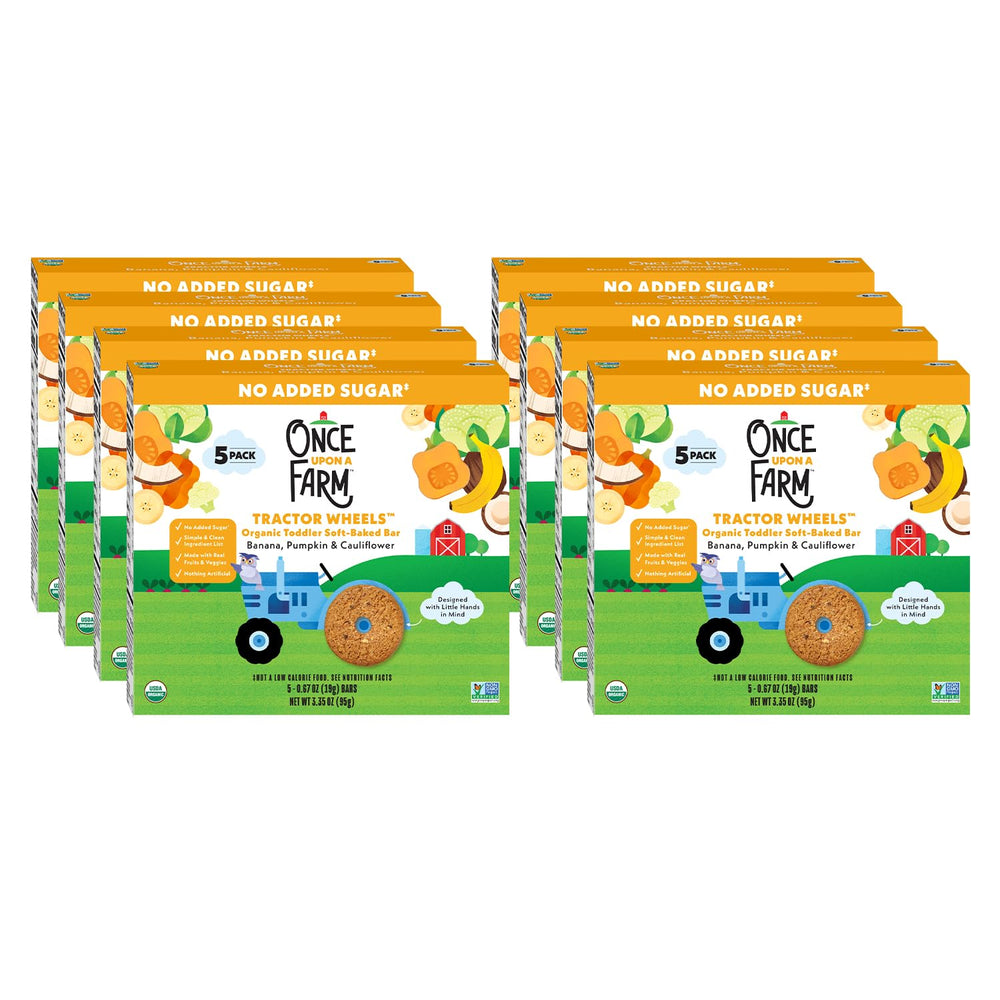 Once Upon a Farm bar front view with banana, pumpkin, cauliflower and tractor wheel design.