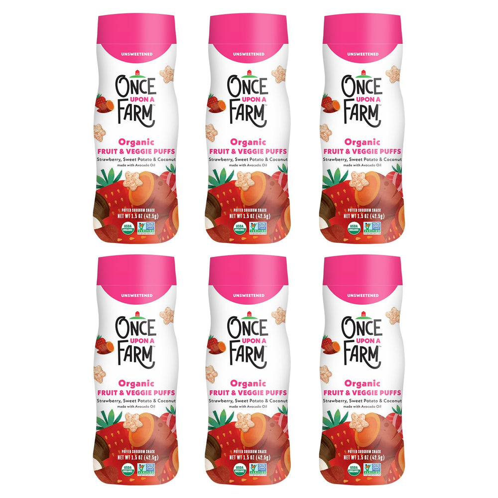 Once Upon a Farm strawberry coconut puffed sorghum snack packaging highlighting simple ingredients for babies.