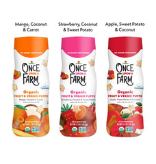 Once Upon a Farm Strawberry Sweet Potato Coconut Puffs, quick melt for early eaters
