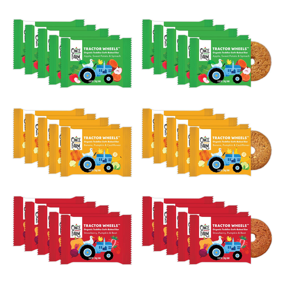Once Upon a Farm tractor wheels apple bar for on-the-go toddler snacking
