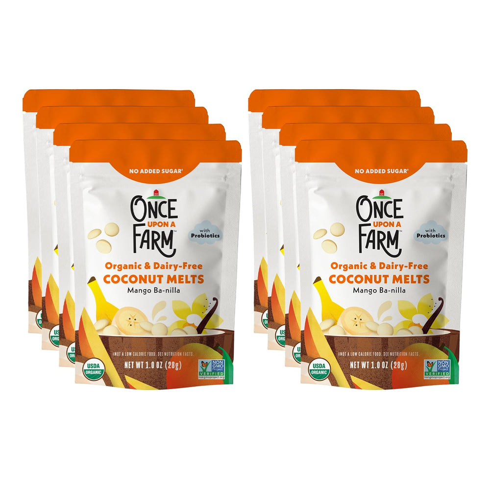Once Upon a Farm coconut melts mango banilla pack 8-count with probiotics for on-the-go snacking.