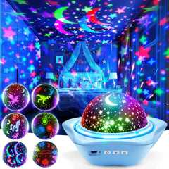 One Fire star projector on ceiling projecting moon and dinosaurs for bedtime