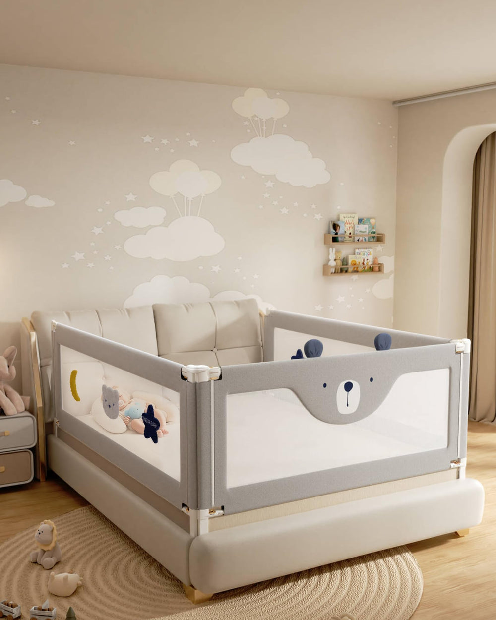 Oneya Baby queen bed rails with nail-free installation for safe setup.