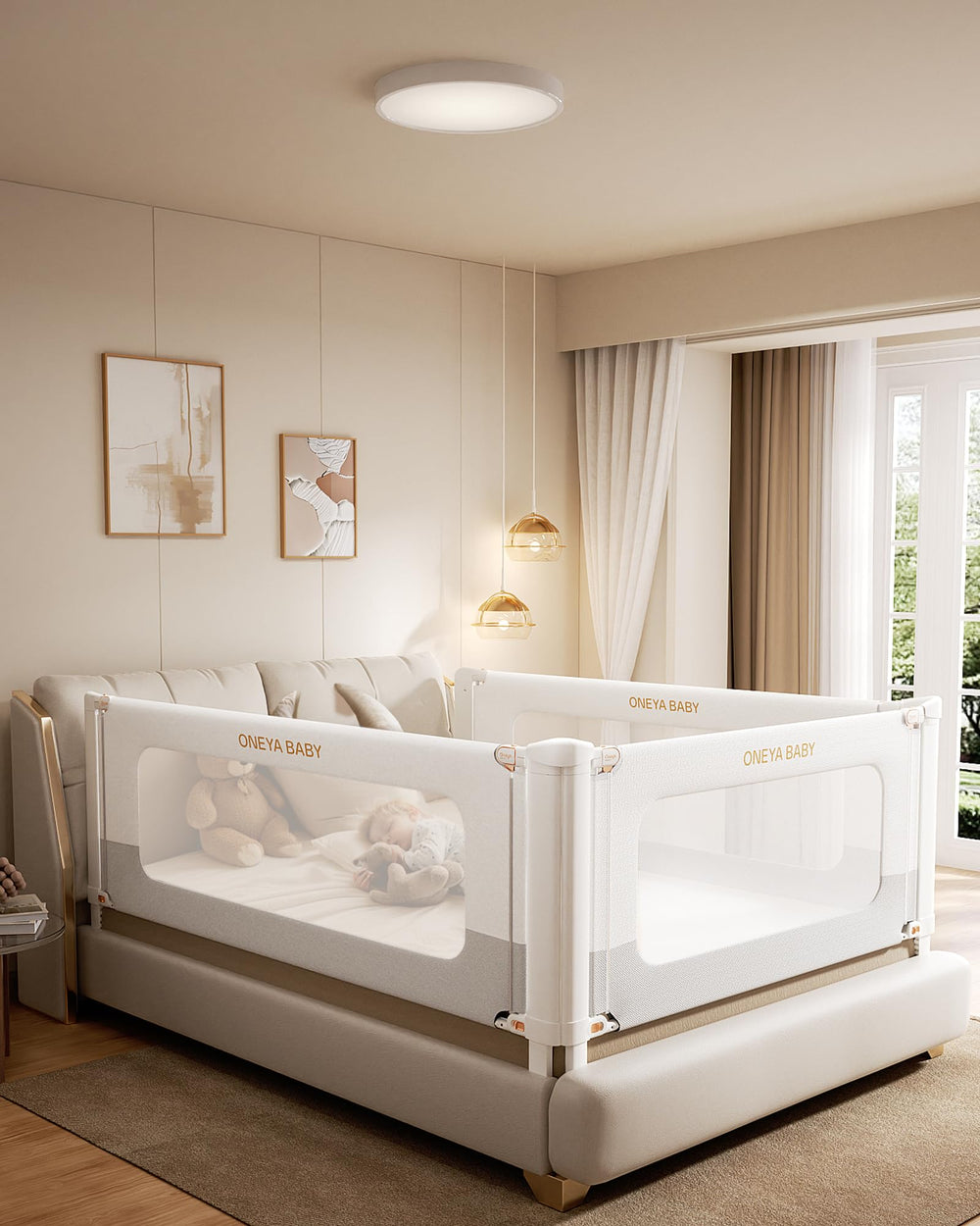 ONEYA BABY bed rails assembly demonstrates quick, tool-free setup for a toddler bed.