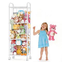 Oneyus stuffed animal storage in white metal tube, tidy plush toy organization for nursery.