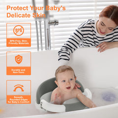 Onthewei baby bath seat features ergonomic contour for comfortable bathing posture.