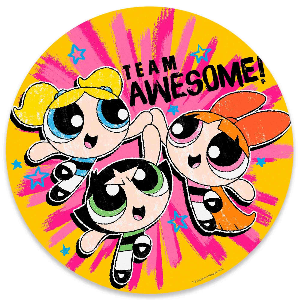 Open Road Brands Powerpuff Team Awesome sign shows Blossom, Bubbles, Buttercup in a high-five, kid-friendly energy