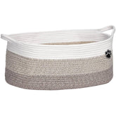 Optish dog toy basket front view in white and brown keeps toys organized.