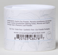 Ingredients close-up featuring kaolin clay and arrowroot for a gentle, fragrance-free formula