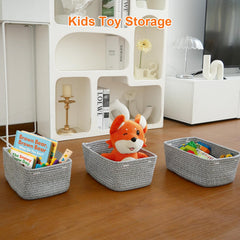 Ordn2Ordn rope baskets on living room shelf with clutter hidden.