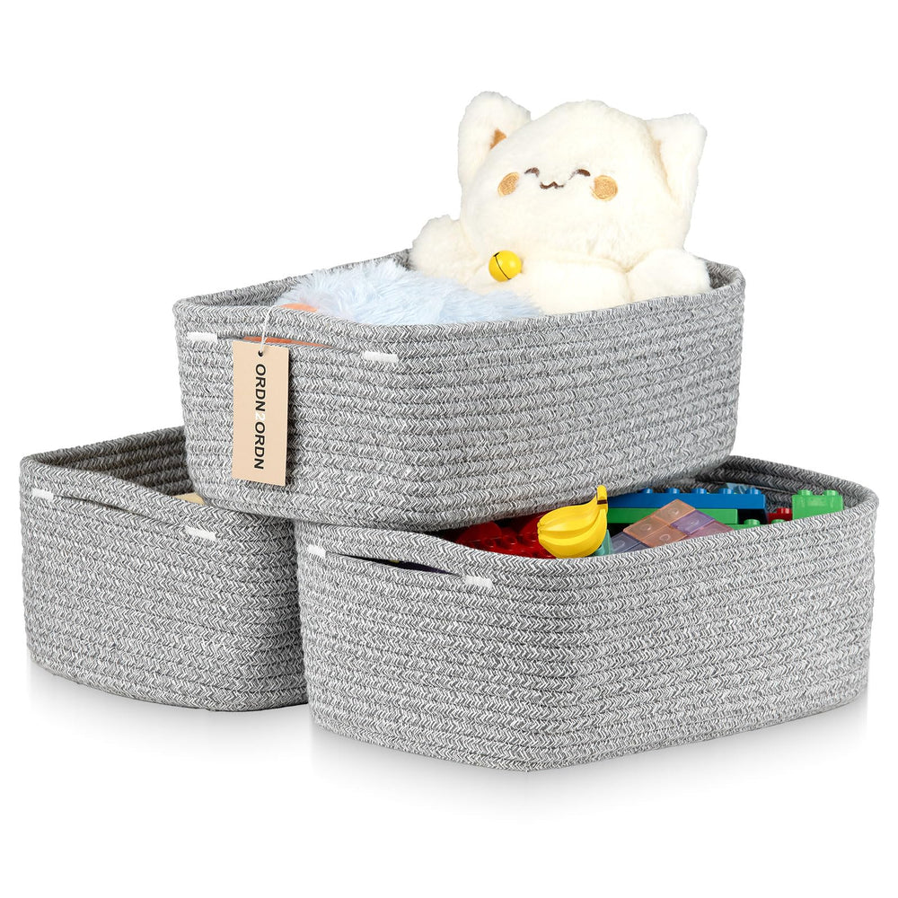 Ordn2Ordn small storage baskets three-pack in gray weave for stylish shelf organization.