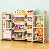 Orekemo wooden toy storage organizer with four large bins and three shelves for tidy playrooms.