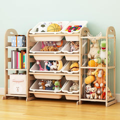 Orekemo wooden toy storage organizer with four large bins and three shelves for tidy playrooms.