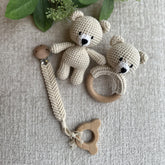 Organic Cotton Handmade Crochet Bear Rattle in soft color for newborn soothing