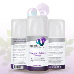Label detail on Organic Excellence Progesterone Cream highlighting ingredients and origin.