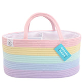 OrganiHaus pastel rainbow nursery storage basket close-up shows soft cotton rope texture for chic storage
