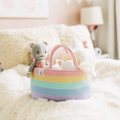 OrganiHaus pastel rainbow nursery basket with reinforced handles for easy transport