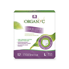 Organyc bladder control underwear features odor-neutralization for subtle freshness.