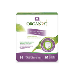 Organyc bladder-control underwear for women with a medium size and 14-count pack, reliable daily protection.