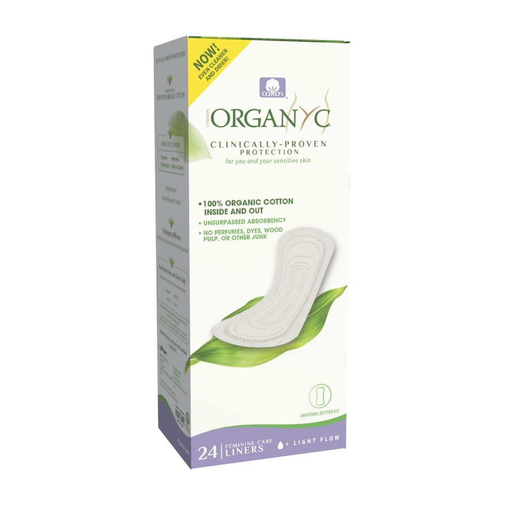 Organyc packaging shows a flat panty liner ready for discreet daily use.