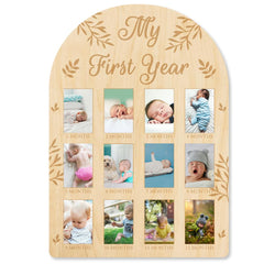 ORIGACH My First Year display frame with leaves pattern showcases baby’s monthly milestones at a glance