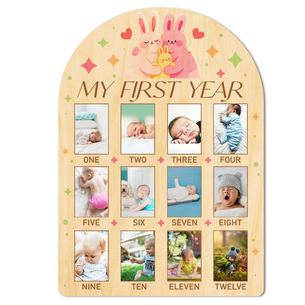 ORIGACH My First Year Growth Photo Board with bunny design for nursery decor
