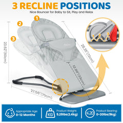 Orzbow bouncer with three recline positions supports comfortable awake time.