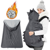 Orzbow baby carrier cover with winter dinosaur hood keeps little head warm.