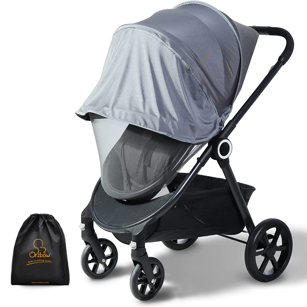 Orzbow baby mosquito net with sunshade over stroller providing UPF50+ protection and airflow.