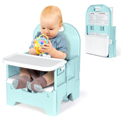 Orzbow portable high chair with tray folded for travel and storage.