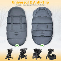 Orzbow footmuff shows two-way zippers and buttons for quick changes on the go.