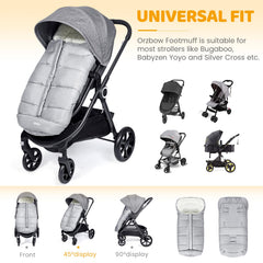 Orzbow footmuff full-zip design enables quick diaper changes without removal.