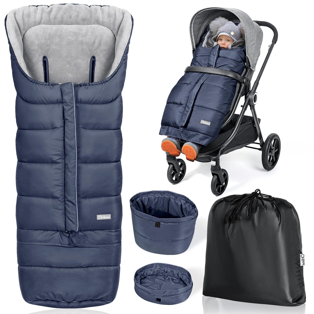 Orzbow universal stroller bunting blue, front view, keeps baby warm in cold weather.