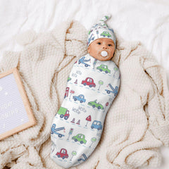 Osvbs car theme swaddle hat from the set adds warmth with style.