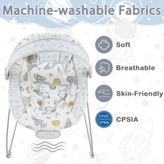 Otrolepota bouncer seat cover close-up showing machine-washable fabric.