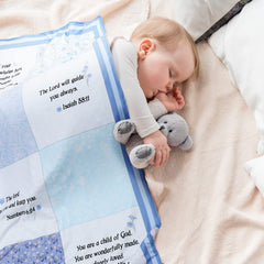 Oudain baptism baby blanket in blue, fits cribs and toddler beds.
